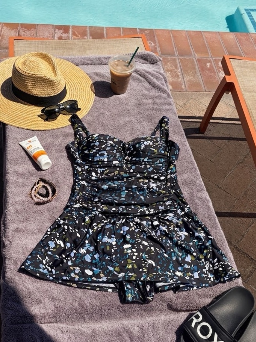 Emerald Bay Navy Blue Floral Ruched Swimdress 12